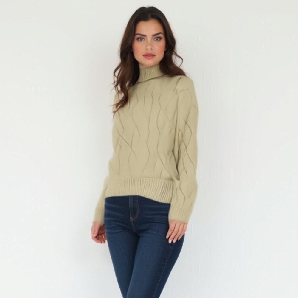 Suzy Shier Cream Cable Knit Turtleneck - M - Cozycore ❤️